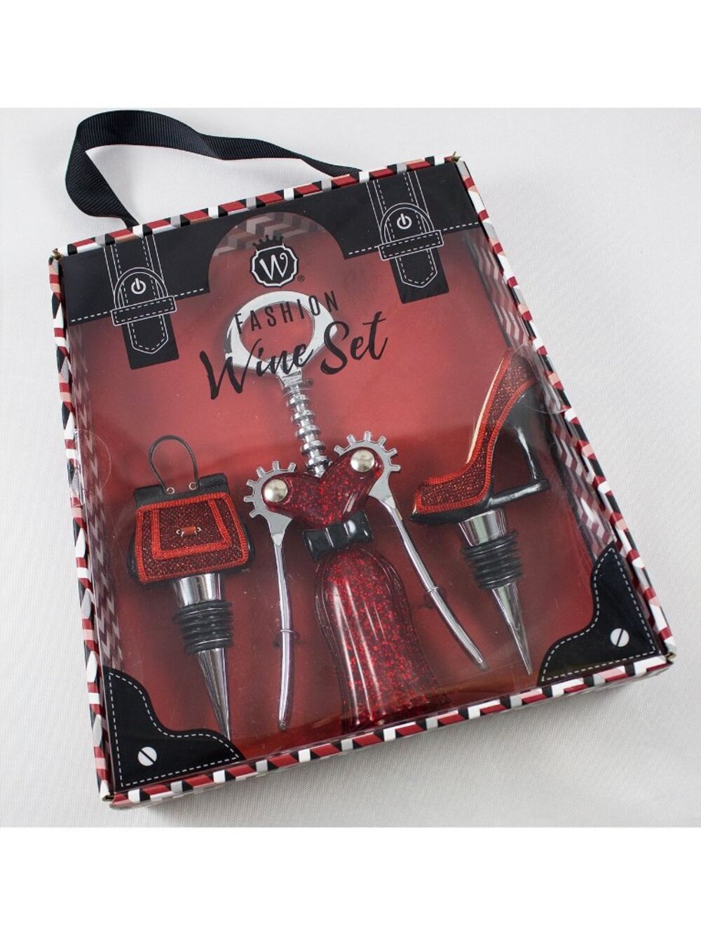Wild Eye Designs Red Glitter Fashion Wine Set Dress Handbag Shoe Bottle Stoppers